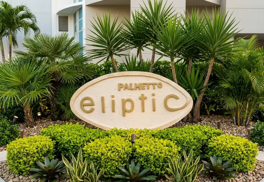 Jardinera de ingreso al edificio Palmetto Eliptic Cartagena