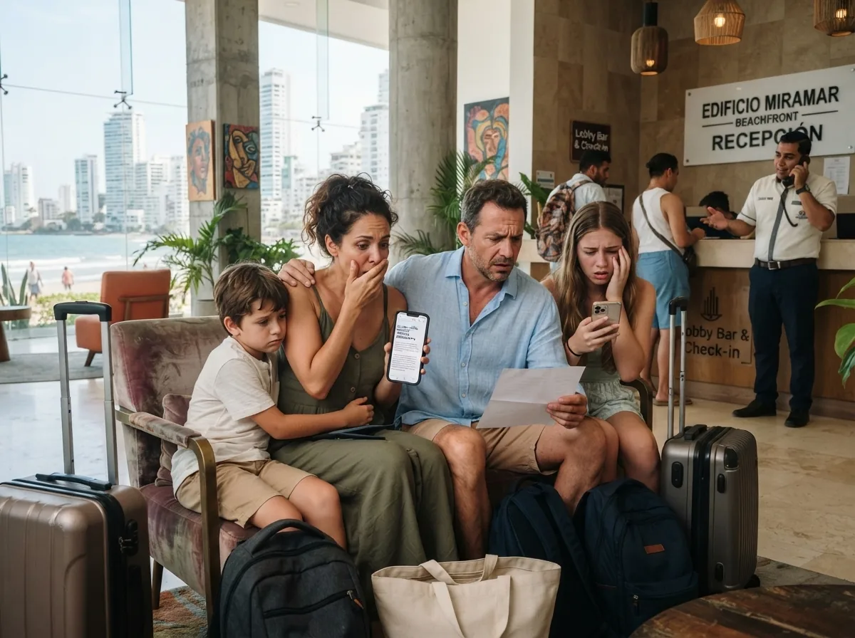 Familia en la recepción de un edificio de apartamentos en Cartagena