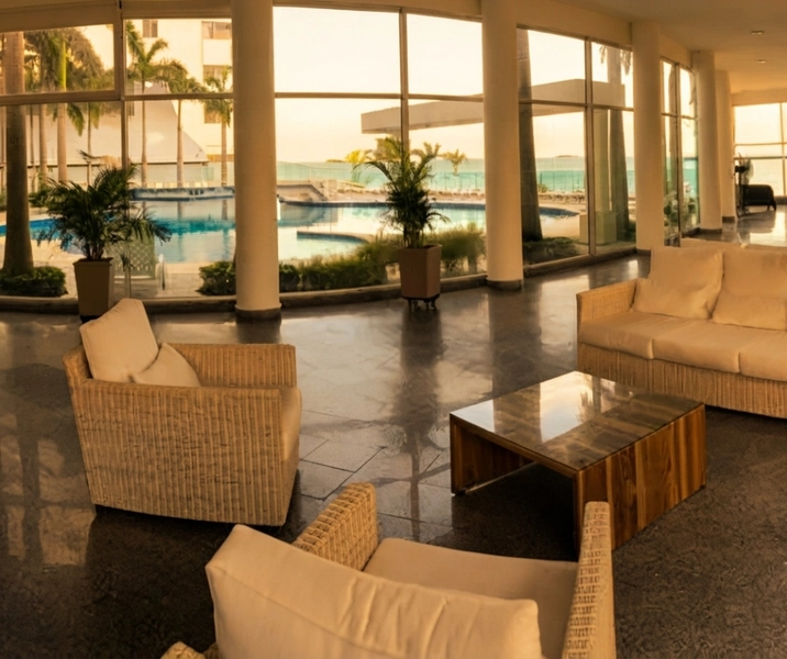Sala de espera Palmetto Cartagena. Hermosa vista a la piscina